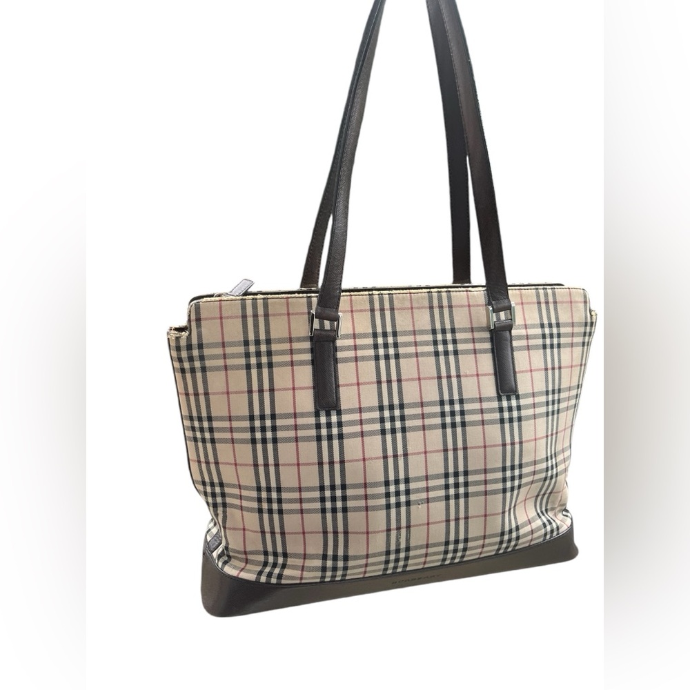 Burberry Plaid Canvas Tote Handbag Beige Brown Silver